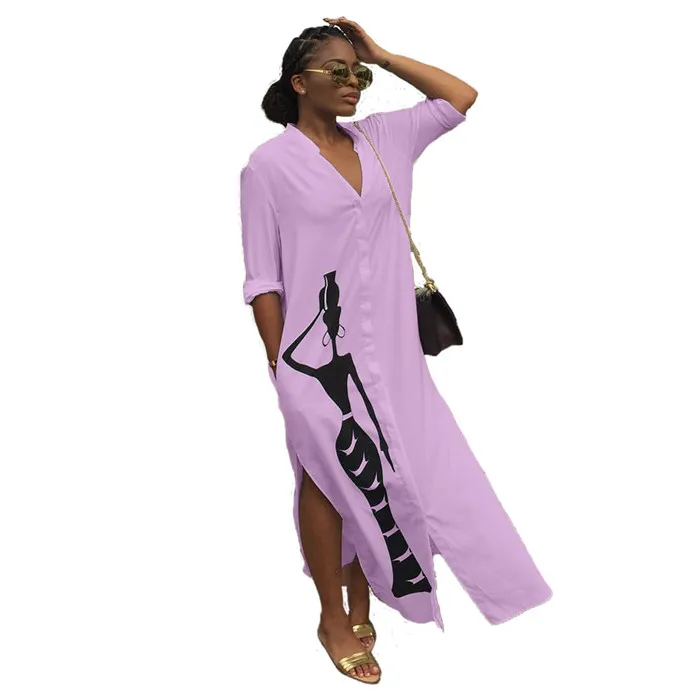 Однобортное модное сексуальное женское длинное платье летнее с v-образным вырезом и длинным рукавом повседневное с разрезом сбоку прямое платье-рубашка с принтом L042 - Цвет: Лаванда