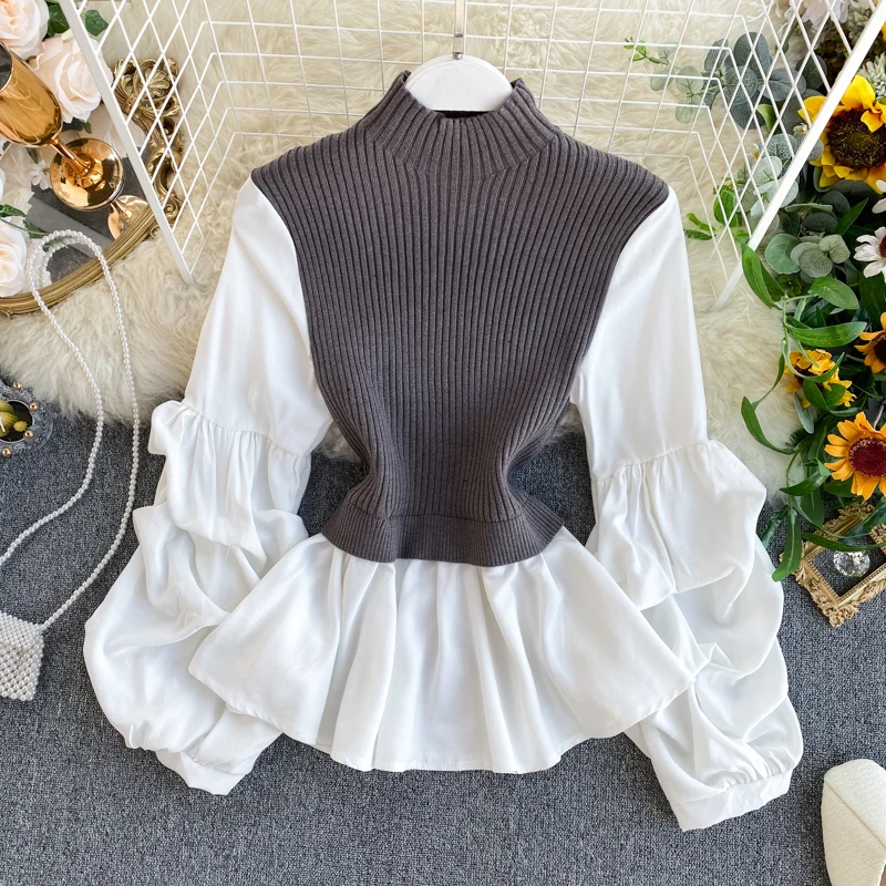 

Two-Piece Tops Slim Fit Lantern Sleeved Shirt Tide Turtleneck Pullovers Sweater Tops Women's Knit Patchwork Fake