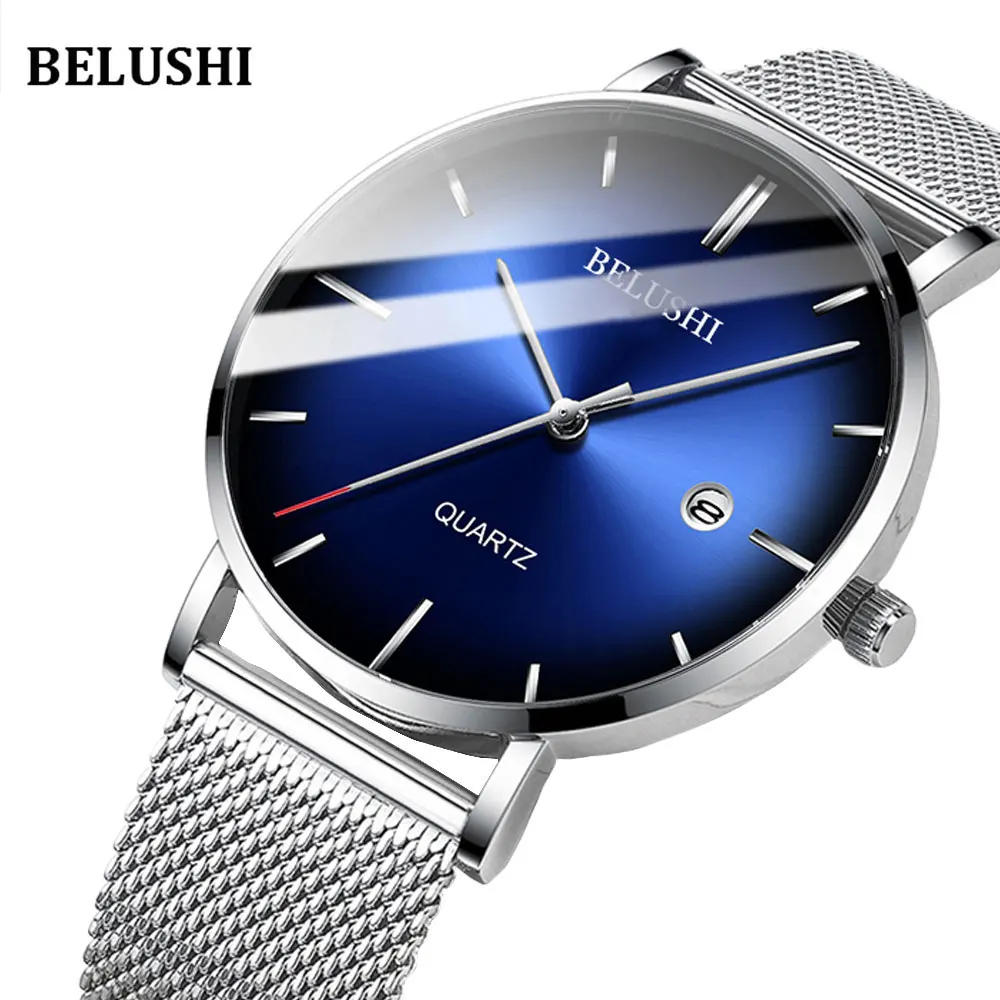 

Men Watches 2019 luxury brand Belushi Steel 6mm Ultrathin Watches Waterproof IP67 Date Quartz Man Watch Blue elogio Masculino