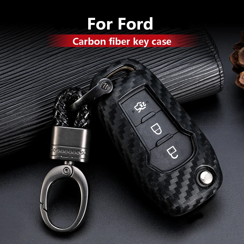 

2019 New Carbon Fiber Silica Gel Key Cover Case For Ford Focus Everest Explorer Edge Kuga Car Key Shell Auto Key Chain Key Ring