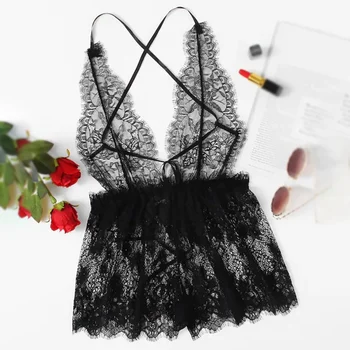 

Women's Lace Cutout One-piece Underwear Pajamas Sexy Lingerie Halter Plunging Bodysuit Sleep wear Set