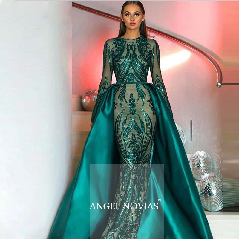 Long Sleeve Robe De Soiree Muslim Green Evening Dresses 2020 With Detachable Train Sequin Moroccan Kaftan Formal Prom Party Gown
