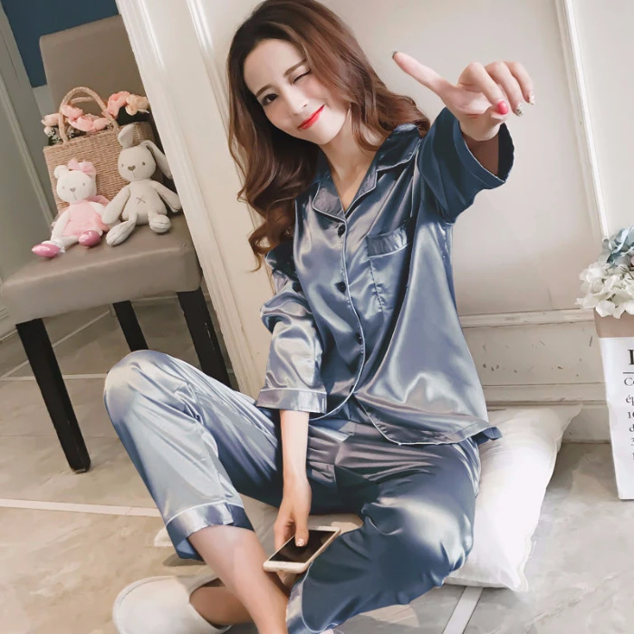 Designer Silk Pyjamas Women Satin Pajama Sets Women's Autumn Sleepwear Home Wear Female Solid Simple 2 Pcs Pjs Suit Wholesale | Женская