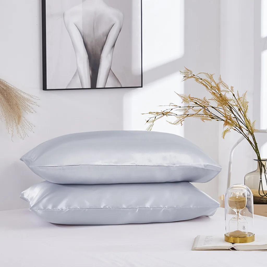 Simple satin silk pillowcase 2pcs solid color bedding envelope closed standard pillowcase wholesale purchasing#4JY25