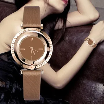 

WJ-8912 Women Watches Luxury Gold Dial Creative Lettering Rotating Dial Quartz Wristwatch For Female Fashion Leather Strap Watch