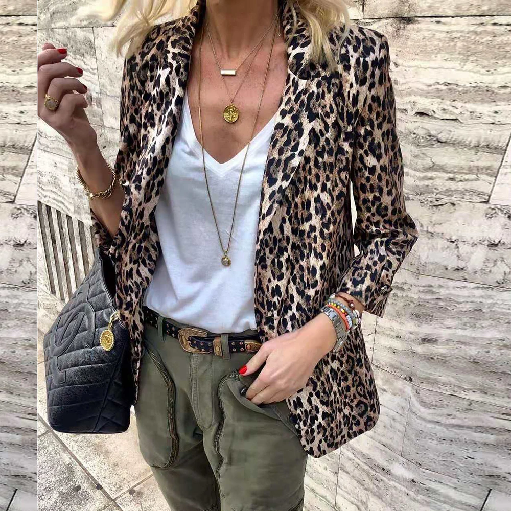 

LOOZYKIT 2019 New Women's Autumn Winter Cardigan Jacket Suit long-sleeved Casual Leopard Jacket Slim V-neck Suit Coat Large Size