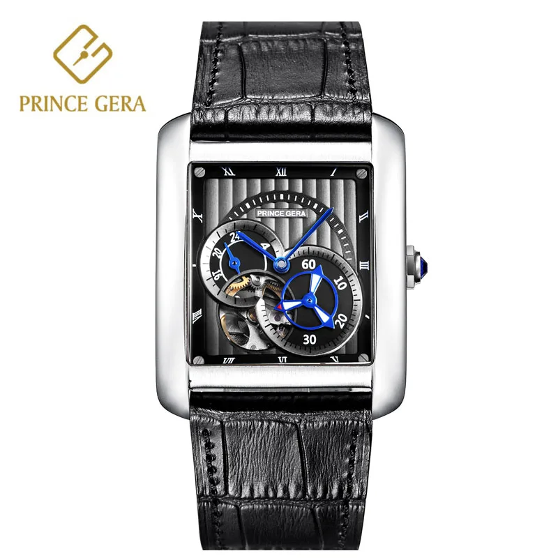 

PRINCE GERA Italian Imported Leather Black/Brown Business Men Watches Hollow Dial Tourbillon Waterproof Blue pointerWristwatch