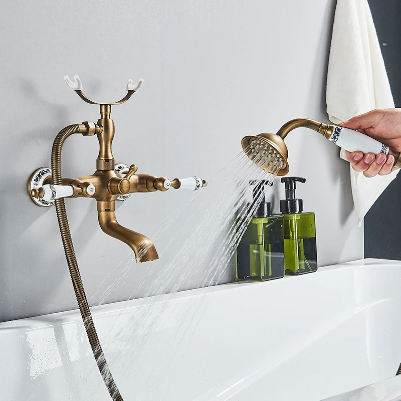 Rozin Retro Style Brass Bathtub Shower Faucet Set Dual Knobs Wall Mounted Bathtub Mixer with Handshower and Swivel Tub Spout Tap 4