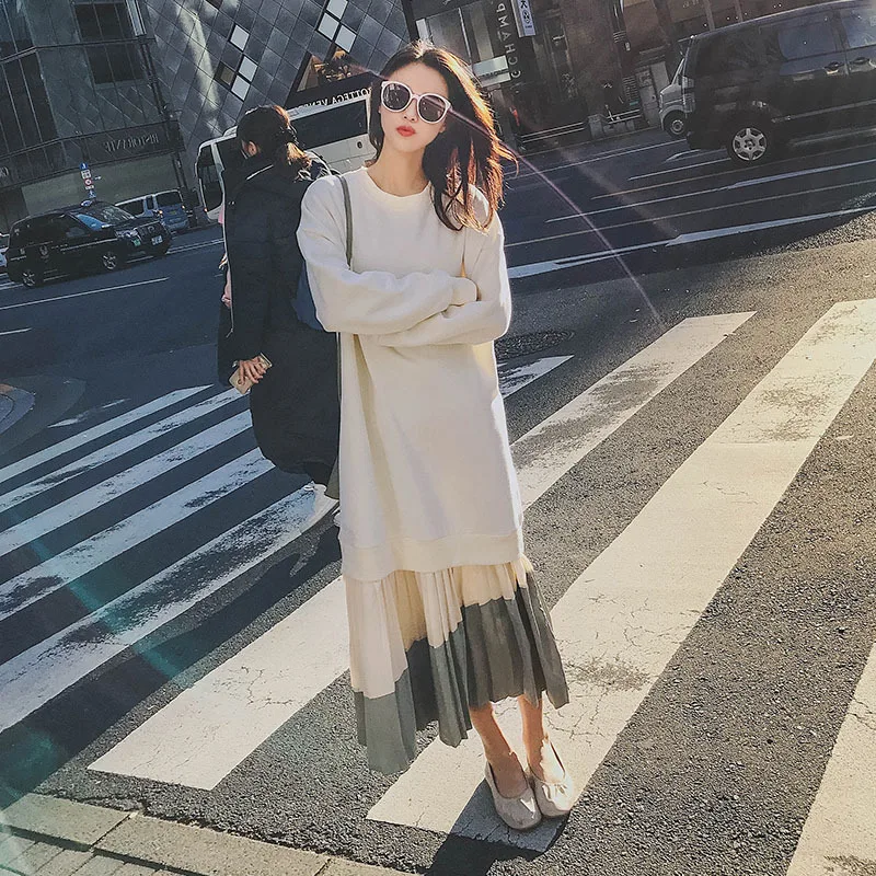

Photo Shoot Hoodie Dress Women's Mid-length 2020 Spring And Autumn New Style Korean-style Loose-Fit Long Sleeve Mock Two-Piece S