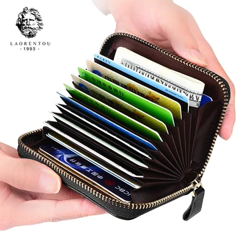 

Laorentou Men Card Holder Standard Wallet Cow Leather porte carte bancaire Multi-function Organ Card Zipper credit card holder