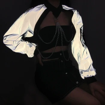 

Metal Chain Patchwork Jacket Women Reflective Long Sleeve Cropped Jackets Fashion Streetwear Jackets 2019