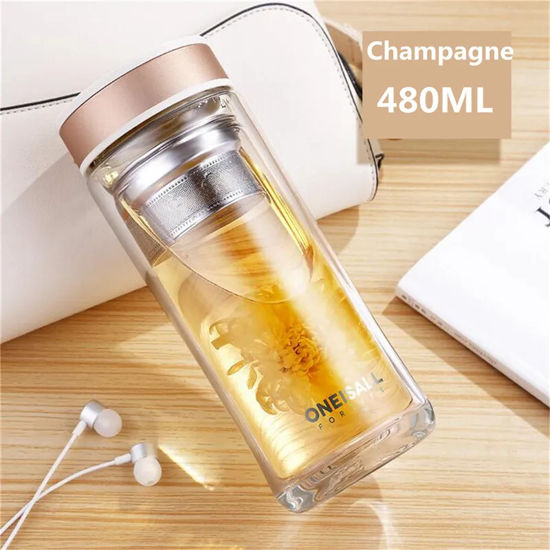 Champagne 480 мл стеклянная бутылка для воды с двойными стенками, портативная кружка для путешествий, прозрачная чашка для воды с заваркой чая, большая посуда для напитков - Цвет: Champagne