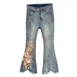 Европейский Стиль Высокая талия джинсы женские 2019 Осень Новая мода вышивка цветок бисер узкие falre брюки r1907