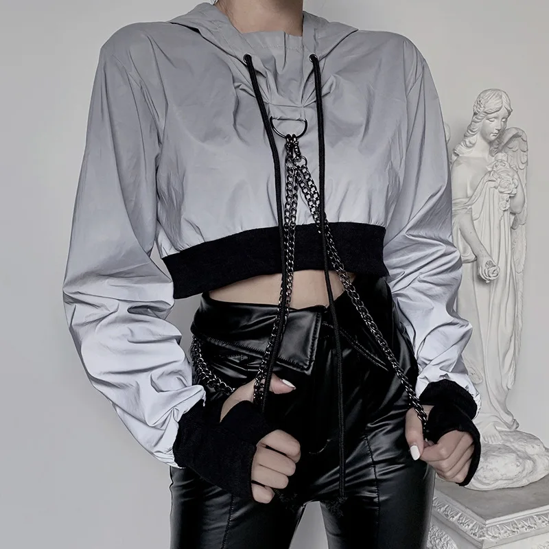 

92476P Cross-border Amazon Explosions Reflective Wear Female Gothic Punk Wind Chain Hooded Short Long Sleeve Jacket