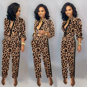 

2020 New Women's Suit Leopard Print \ News Print Bow Tie Deep V-neck Tops Pants Two-piece Set Women Sets Clothes 2 Piece Set