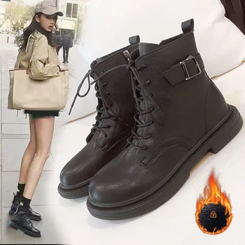 

NEW Autumn Winter women boots Black Fashion Motorcycle Boots for Women Round Toe Lace-Up Leather Platform Boots Women Shoes