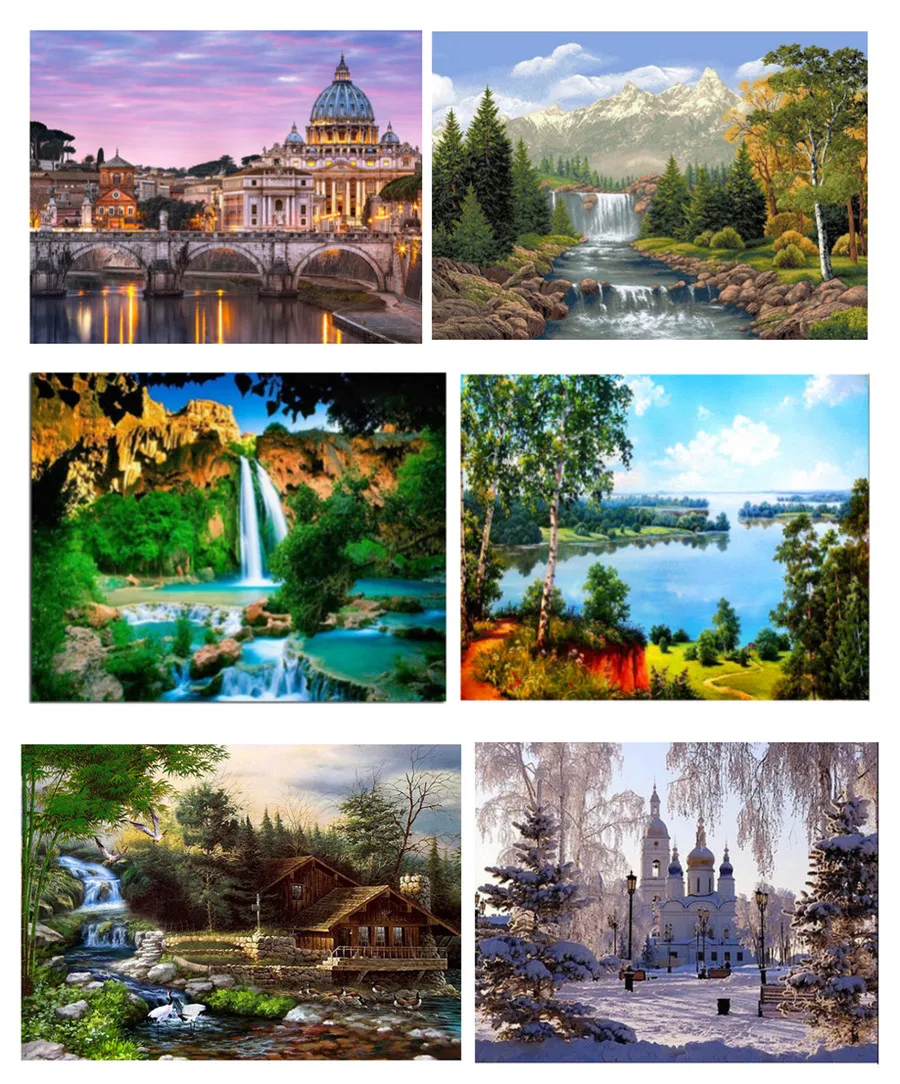 

Diamond painting Castle Waterfall Forest hut Scenery lake water Diamond embroidery5D DIY Cross Stitch Home Furnishing decoration