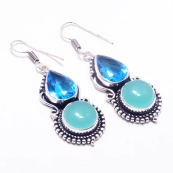 

Genuine Chalcedony + Blue Topaz Silver Overlay on Copper Earrings , Hand made Women Jewelry Gift, E5196
