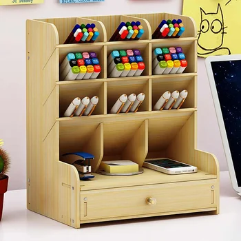 

New Multi-function 12 Grid Desktop wood Pen Holder Office School Storage Case Box with drawer Desk Pen Pencil Organizer Station
