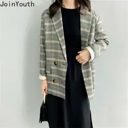 JoinYouth/Модная клетчатая куртка для работы; осенний двубортный блейзер с длинными рукавами для офисных леди; модные корейские блейзеры; J009