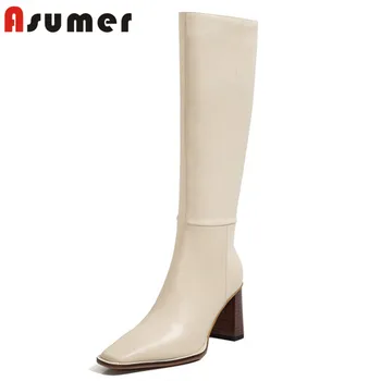 

Asumer 2020 newest high heel shoes woman riding boots square toe autumn winter casual party shoes women knee high boots