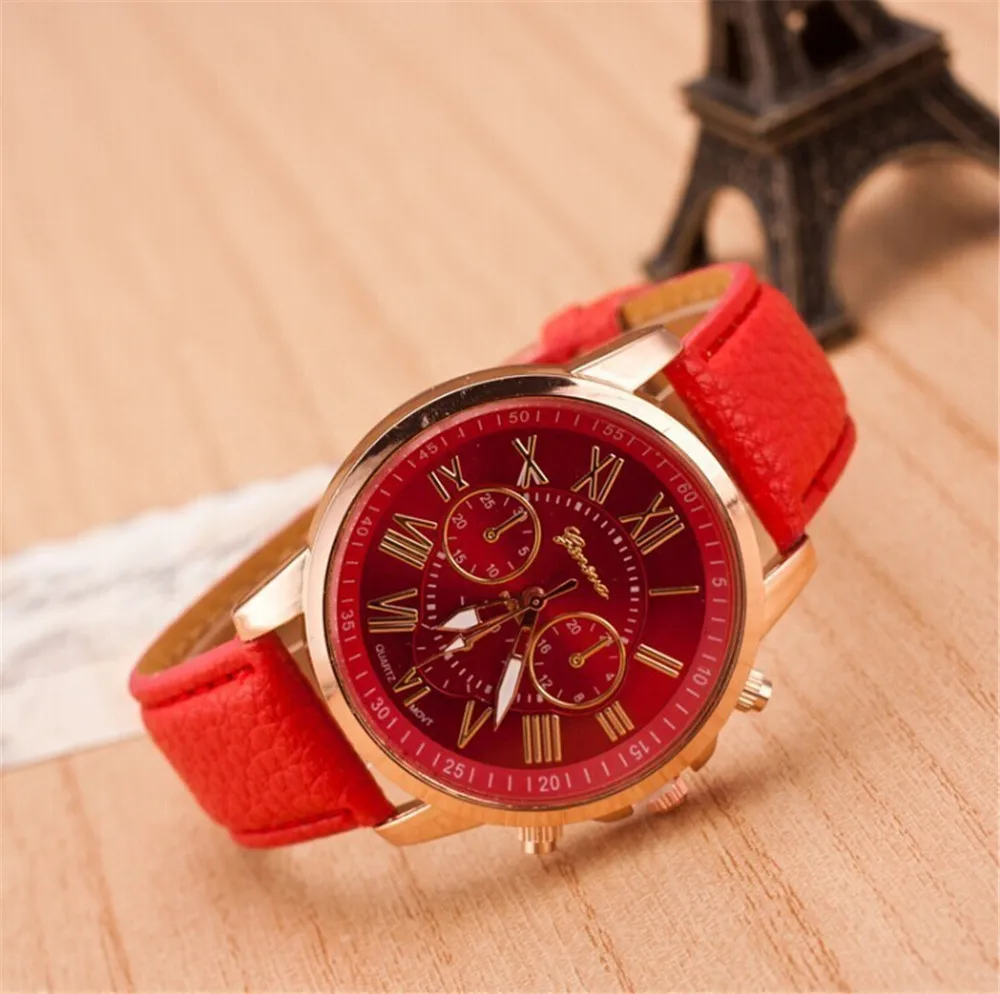 Женские часы-браслет, корейская мода, тренд, Женева, женские, поддельные, три глаза, повседневные, золотые, мужские наручные часы, пара, ремень, стол, кварцевые - Color: Red