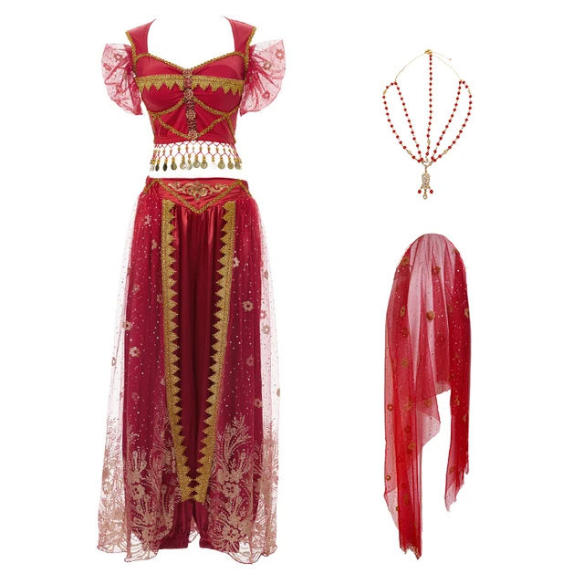 Festival Arabian Princess Costumes Indian Dance Embroider Bollywood Jasmine Costume Party Cosplay Jasmine Princess Fancy Outfit Red 2 - 4 pcs Set