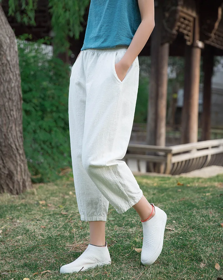 Johnature Loose Comfortable Solid Color Pockets Elastic Waist All-match Calf-length Pants 2020 Autumn New Women Straight Pants