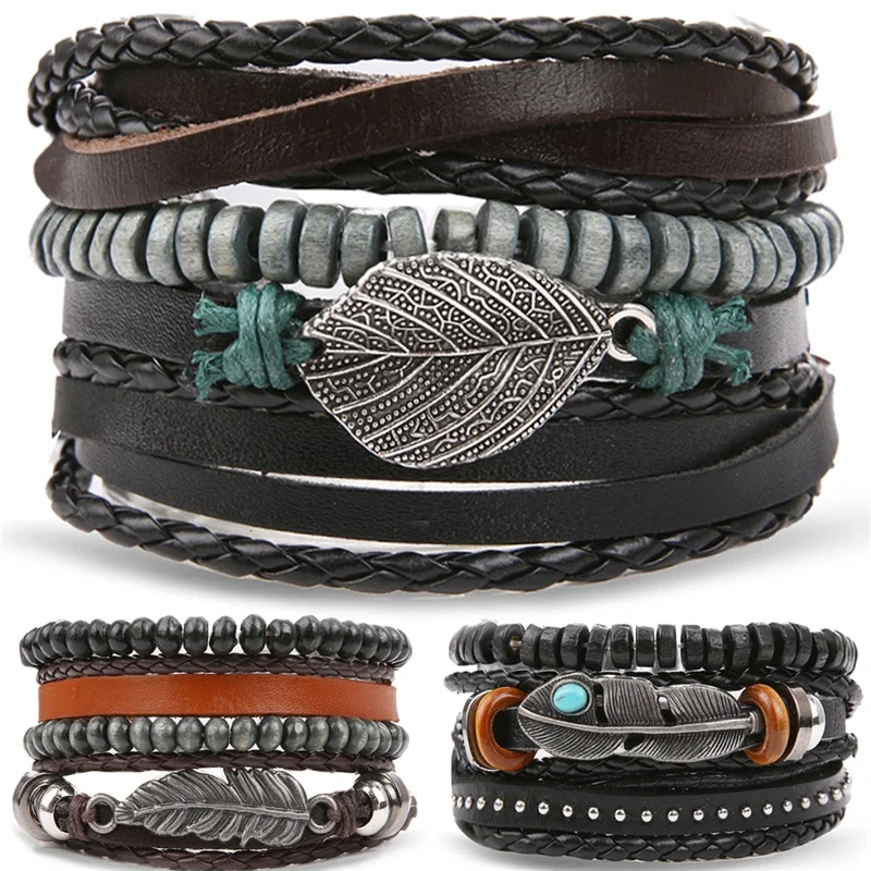 

Vienkim Vintage Multiple Layer Leather Bracelet Set for Men Women Charm Leaf Feather Stone Wood Beads Wrap Bracelets Pulsera New