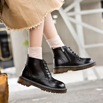 

Brogue Genuine Leather Women Shoes Autumn New Women Ankle Boots Zippers Student Ladies Shoes Elebant Woman Boot bota feminina