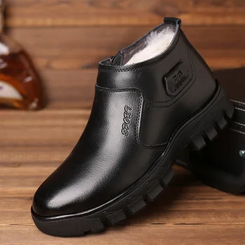 

Black Winter Warm Men Boots Genuine Leather Wool Fur Outdoor Snow Boots Handmade Waterproof Non-slip Ankle Boots Shoes for Men
