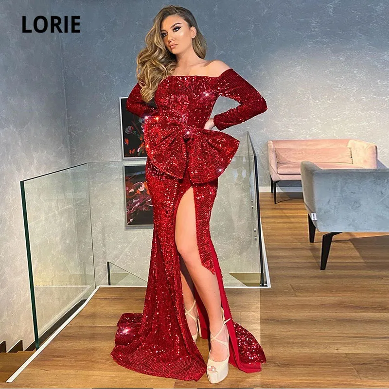 

Вечерние платья с блестками LORIE, платье с длинным рукавом в арабском и винном стиле с разрезом сбоку, платье-Русалка для выпускного вечера, платье для матери невесты, вечернее платье знаменитости