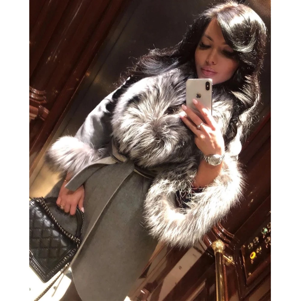 Light Grey Long Fox Fur Natural Wool Blends Coats Outwear High Quality Genuine Cashmere Coat with Silver Fox Fur Lapel Collar