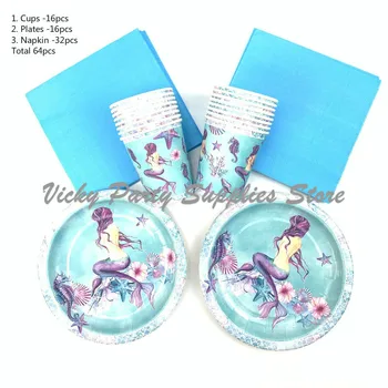 

64pcs/lot New Mermaid Theme Party Disposable Tableware Blue Mermaid Birthday Baby Shower Set Children Party Decoration Supplies