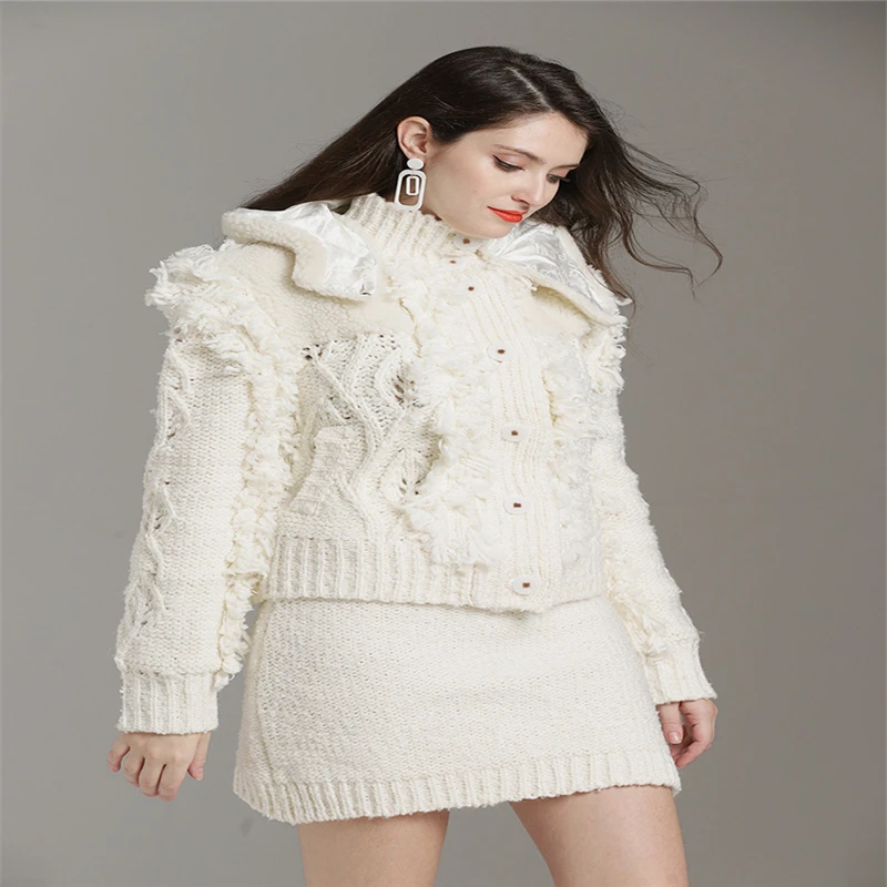 Cardigan Длинный рукав, белый цвет, Осень-зима, Женский трикотажный костюм из 2 частей, новинка, с кисточками, короткое пальто с капюшоном+ мини-юбка, высокая мода - Цвет: Cardigan