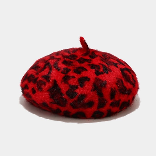 Leopard Print Beret for Winter Rabbit  Warm Painter Cap All-Match Pumpkin Hat Octagonal Cap Wholesale Bonnets For Women