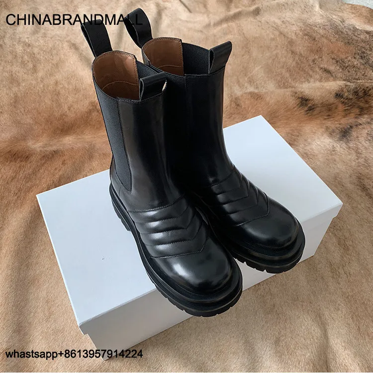 

New Arrival Elastic Band Leather Boots Round Toe Flat Chunky Sole Knight Boots Winter Brand Shoes Women Chelsea Boots