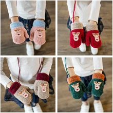 Толстые теплые рождественские перчатки с оленем, детские перчатки для мальчиков и девочек, зимние вязаные варежки, варежки на веревке