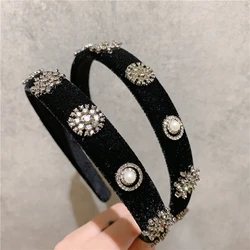 Fashion Luxury Velvet Black Rhinestone Headband For Women Korea Tv Star Simulated Pearl Simple Hairpin Wedding Satin Headband