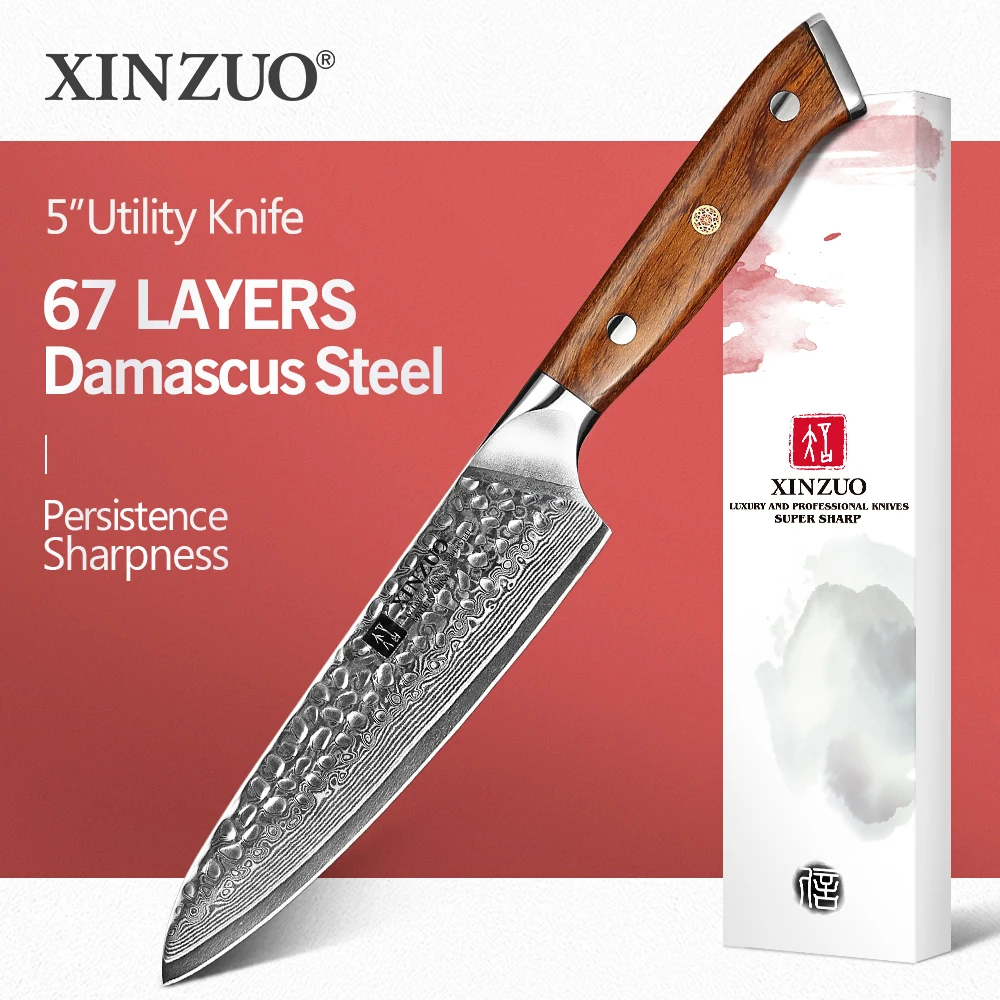 

XINZUO 5" Utility Knife Damascus Steel Kitchen Knife Stainless Steel Chef Cleaver Peeler Fruit Meat Cleaver Knife