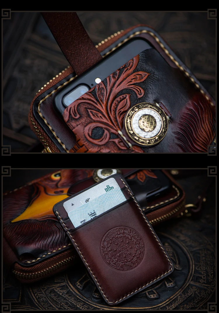 Мужская кожаная сумка для мобильного телефона с карманами ручной работы в винтажном китайском стиле с рисунком орла, кожаная сумка на плечо