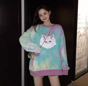 

Cat print autumn new lazy wind tie dyed long sleeve sweatshirt tide