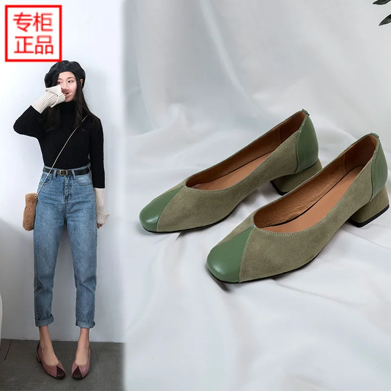 

2019 Spring New Style Chunky-Heel Square Head Low-Cut High-Heel Suede Shoes Korean-style Versatile Semi-high Heeled Retro Color