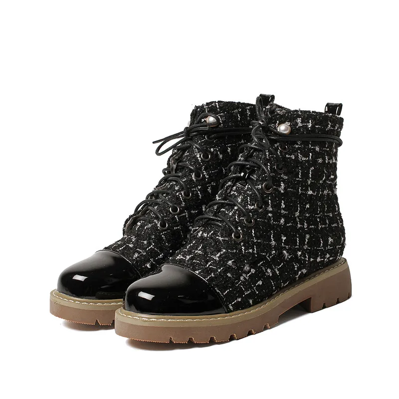 YMECHIC/ модные осенне-зимние ботильоны на шнуровке; женская обувь на низком каблуке с перекрестной шнуровкой в клетку; цвет черный, бежевый; байкерские ботинки размера плюс - Цвет: hei rong li