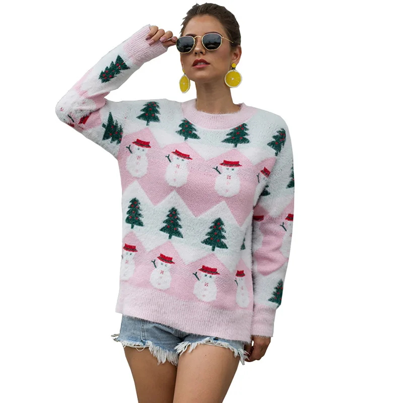 2019 Autumn Winter Christmas Sweater Tree Snowman Pullover Women K077 | Женская одежда