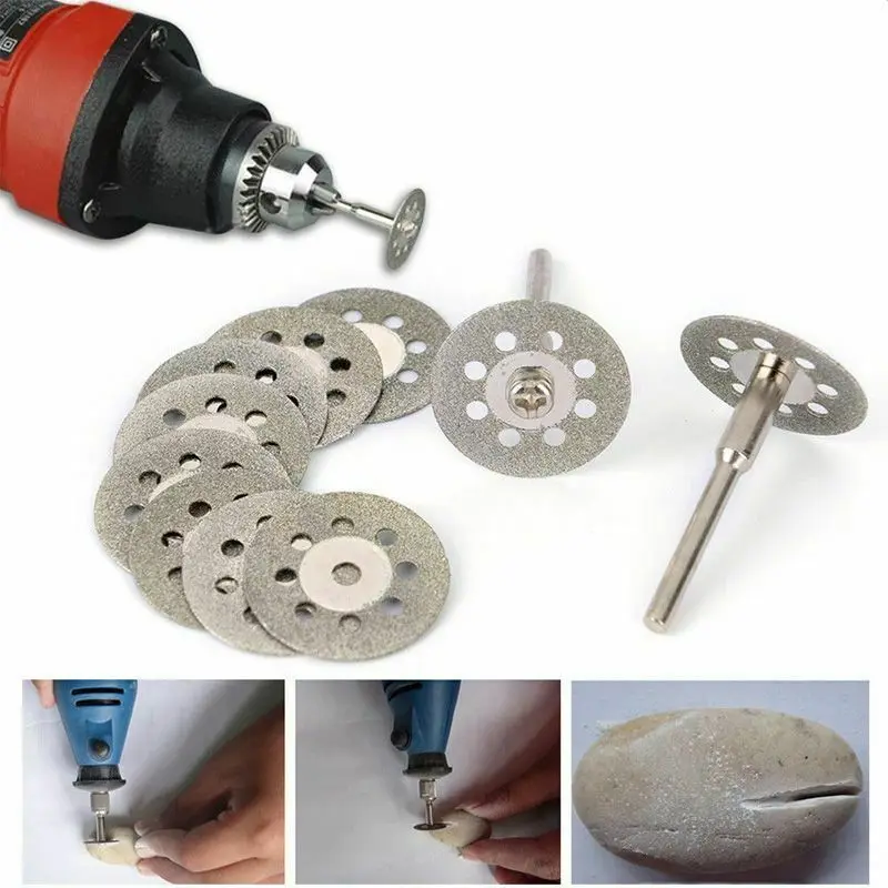 New Hot Sale 10Pcs 22mm Mini Sharp Diamond Cut Off Rotary Tool Cutting Disc Disks DIY Tools Accessories for Dremel with 2Pcs Rod