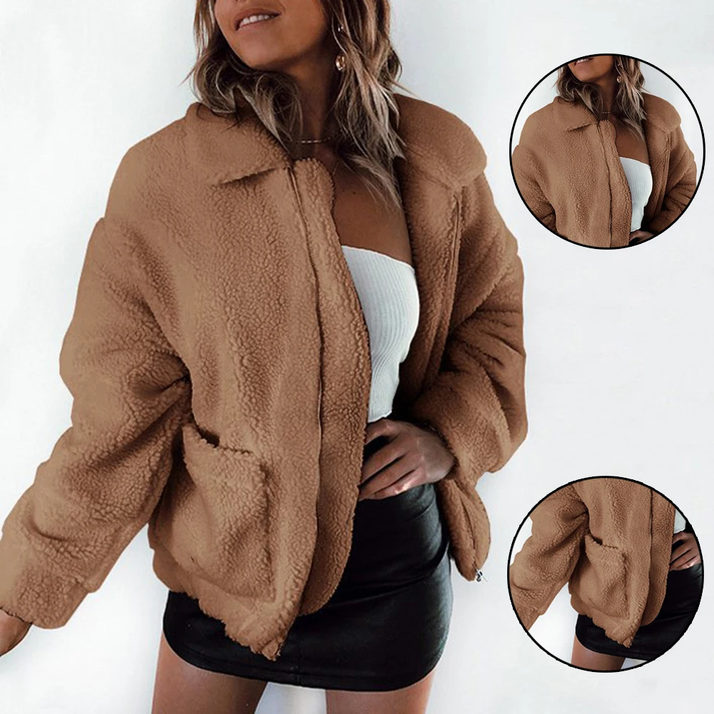 Women Coat Thick Warm Pocket Fleece Jacket Coat Zip Up Outwear Overcoat Winter Soft Fur Jackets Female Plush Coat Elegant