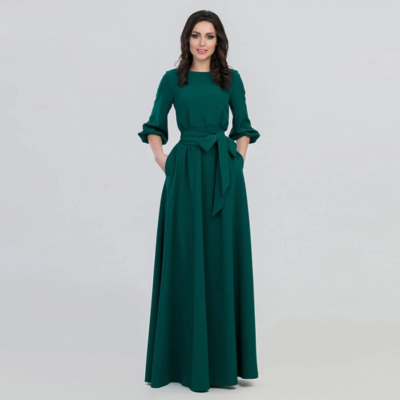 Для женщин с круглым вырезом удлиненное платье Boho Винтаж 3/4 рукав Фонари рукав Высокая талия на шнуровке женская одежда макси осень-зима повседневные платья
