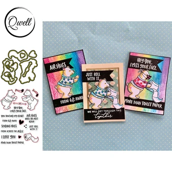 

QWELL Two Bears Friends Air Hugs Metal Cutting Dies & Clear Silicone Stamps Warm Words Love Heart Toilet Paper 2020 New