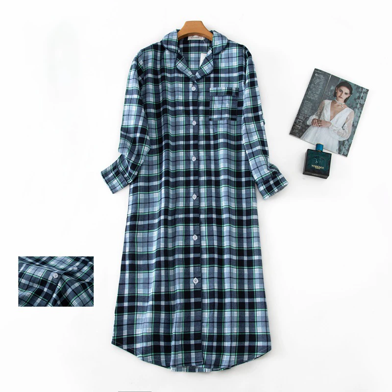 Ladies Cotton Nightgown Plus Size Long-sleeved Flannel Plaid Print Women Sleepwear Button UP women nightgowns women nightdresses sleeping dress